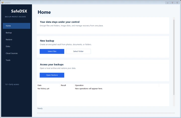 SafeDSX Windows application home screen