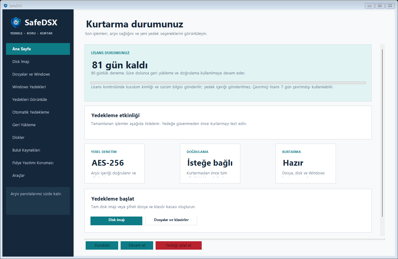 SafeDSX Windows uygulamasının Türkçe ana sayfası
