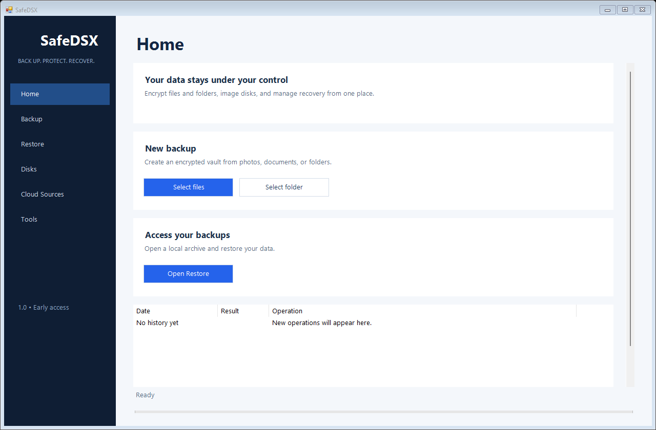 SafeDSX Windows application home screen